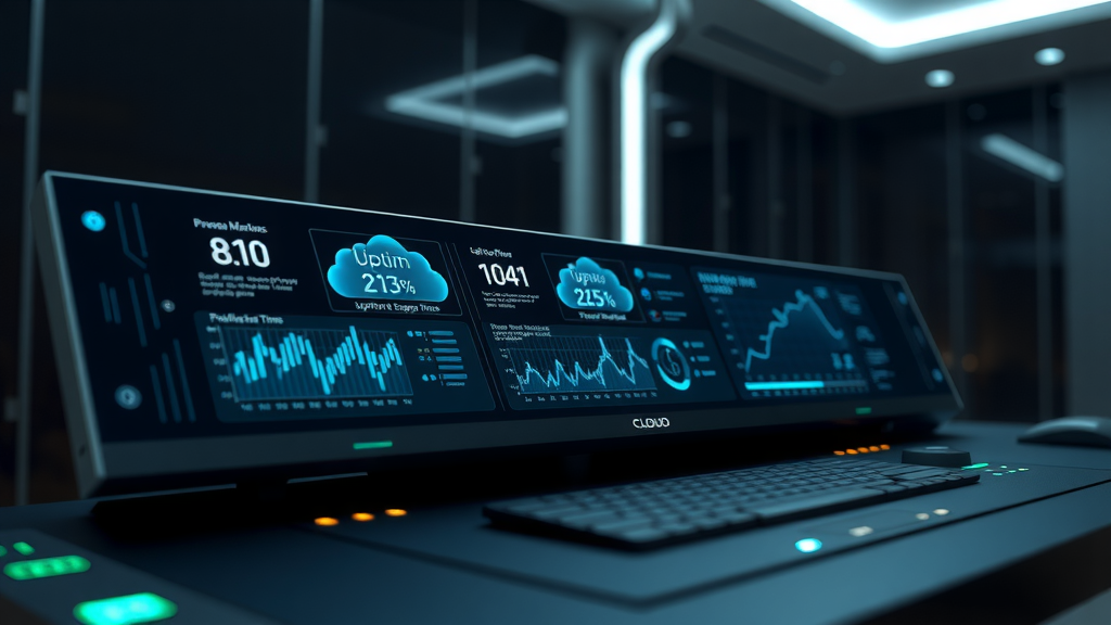 Cinematic close-up, a photorealistic image of an elegant, futuristic control console displaying a multifaceted digital interface, symbolizing reliability in cloud operations. The console is adorned with high-tech holographic components that display key performance metrics like uptime and support response times, represented through glowing electric cyan graphs and data streams. The background is a sleek, dimly lit room that emphasizes the advanced technology, creating an atmosphere of professionalism and trust. The lighting is dramatic and focused, highlighting the console with soft glows, casting nuanced shadows around it. The composition features a shallow depth of field that draws attention to the console as the central subject, evoking a mood of high-quality service, reliability, and efficiency in cloud solutions.