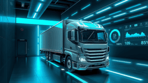 Conceptual metaphor, photorealistic, a dynamic scene depicting a futuristic truck with a sleek, streamlined design, representing advanced automation in logistics. The truck is stationed in a high-tech digital docking area, surrounded by holographic interfaces displaying real-time data analytics about driver efficiency and fleet management, showcasing a seamless integration of technology. The environment features smooth, minimalist lines and dark tones with electric cyan lighting accents, emphasizing a modern, innovative atmosphere. Lighting is cinematic, with soft glows emanating from the holographic displays and high contrast shadows that highlight the truck's contours. Composition is dynamically angled to create a sense of motion, with a shallow depth of field focusing on the truck and the vibrant digital overlays. Style is high-detail, intelligent, and strategic, conveying a mood of cutting-edge efficiency and progress in transportation.