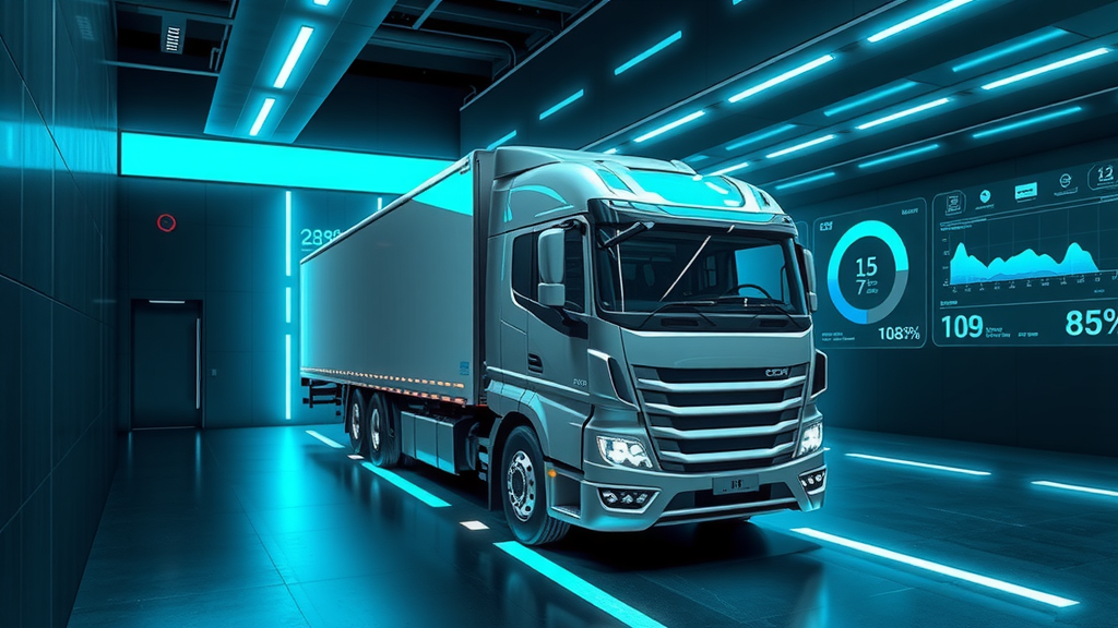 Conceptual metaphor, photorealistic, a dynamic scene depicting a futuristic truck with a sleek, streamlined design, representing advanced automation in logistics. The truck is stationed in a high-tech digital docking area, surrounded by holographic interfaces displaying real-time data analytics about driver efficiency and fleet management, showcasing a seamless integration of technology. The environment features smooth, minimalist lines and dark tones with electric cyan lighting accents, emphasizing a modern, innovative atmosphere. Lighting is cinematic, with soft glows emanating from the holographic displays and high contrast shadows that highlight the truck's contours. Composition is dynamically angled to create a sense of motion, with a shallow depth of field focusing on the truck and the vibrant digital overlays. Style is high-detail, intelligent, and strategic, conveying a mood of cutting-edge efficiency and progress in transportation.