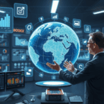 Conceptual metaphor, photorealistic, a sophisticated futuristic control room filled with advanced technology, where a skilled professional uses a holographic interface to oversee the logistics operations. The hero object is a prominent digital globe, symbolizing the interconnected nature of logistics in Russia's IT landscape, surrounded by floating holographic graphs and charts representing data and optimization processes. The environment is sleek and modern with dark tones to enhance the glowing digital elements. Lighting is dramatic and cinematic, emphasizing the glow from the holograms and casting soft shadows. The composition focuses on the globe at the center, with a shallow depth of field to highlight the interaction between the professional and the digital interface. Style is high-detail, conveying a mood of innovation, strategy, and transformation in the logistics sector.