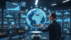 Conceptual metaphor, photorealistic, a sophisticated futuristic control room filled with advanced technology, where a skilled professional uses a holographic interface to oversee the logistics operations. The hero object is a prominent digital globe, symbolizing the interconnected nature of logistics in Russia's IT landscape, surrounded by floating holographic graphs and charts representing data and optimization processes. The environment is sleek and modern with dark tones to enhance the glowing digital elements. Lighting is dramatic and cinematic, emphasizing the glow from the holograms and casting soft shadows. The composition focuses on the globe at the center, with a shallow depth of field to highlight the interaction between the professional and the digital interface. Style is high-detail, conveying a mood of innovation, strategy, and transformation in the logistics sector.