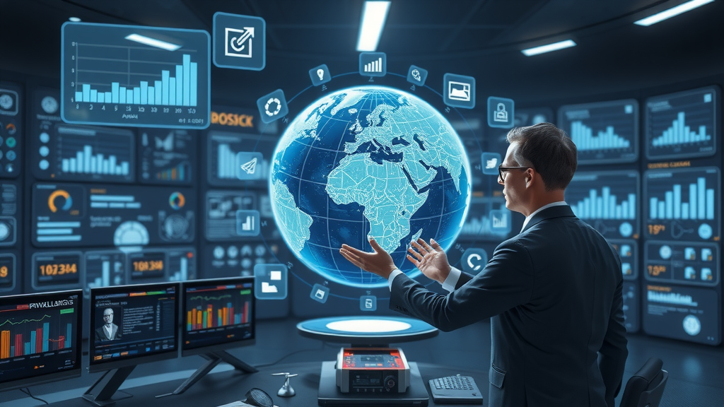 Conceptual metaphor, photorealistic, a sophisticated futuristic control room filled with advanced technology, where a skilled professional uses a holographic interface to oversee the logistics operations. The hero object is a prominent digital globe, symbolizing the interconnected nature of logistics in Russia's IT landscape, surrounded by floating holographic graphs and charts representing data and optimization processes. The environment is sleek and modern with dark tones to enhance the glowing digital elements. Lighting is dramatic and cinematic, emphasizing the glow from the holograms and casting soft shadows. The composition focuses on the globe at the center, with a shallow depth of field to highlight the interaction between the professional and the digital interface. Style is high-detail, conveying a mood of innovation, strategy, and transformation in the logistics sector.