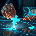 Cinematic close-up, photorealistic, a pair of skilled hands placing the final digital piece of a complex puzzle on a sleek, illuminated surface, symbolizing the startup's journey in logistics without financial investment. The puzzle pieces sparkle with electric cyan accents, representing innovative ideas and solutions available for optimization. A holographic interface projects graphs and flowcharts around the hands, showcasing analytic insights and strategic planning. The environment is minimalistic and dark, drawing focus to the hands and the glowing puzzle pieces. Lighting is dramatic, with soft glows emanating from the illuminated surface, creating depth and contrast. Composition features a dynamic angle with a shallow depth of field, emphasizing the central action. Style is clean, high-detail, evoking a mood of empowerment, innovation, and potential for growth.