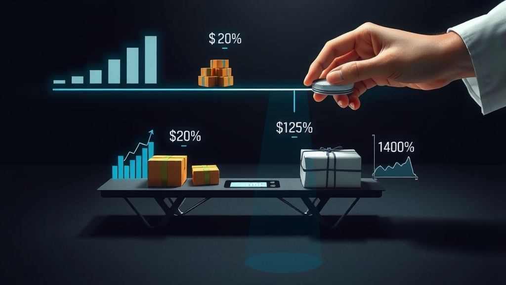 Strategic still life, photorealistic, a sleek, modern digital scale balancing a variety of small parcels and packages on one side while a hand adjusts a control dial on the other side, symbolizing optimization and cost reduction in logistics. Holographic data overlays display graphs and metrics showing decreasing costs and increased efficiency around the scale, with glowing lines of light connecting the parcels to the control dial, illustrating the integration of intelligent logistics strategies. The environment is minimalist, with a dark surface that emphasizes the scale and the dynamic interaction of elements. Lighting is high-contrast, featuring soft glows emanating from the holographic elements while deep shadows create a sense of depth and sophistication. Composition is dynamic, focusing closely on the scale, with a shallow depth of field to highlight the hand and the packages. Style is elegant, high-detail, conveying a mood of strategic resourcefulness and innovative efficiency.