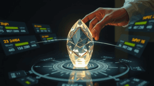 Cinematic close-up, a highly detailed image of a professional hand delicately placing a glimmering crystal artifact onto a digitally illuminated platform, representing specialized logistics in art and fragile items. The crystal glows softly, symbolizing impeccable care and preservation during transport. Surrounding the artifact are semi-transparent holographic interfaces displaying data about weight, dimensions, and safety metrics, while light traces outline its elegant shape, accentuating the precision of the logistics process. The environment is dark and minimalist, enhancing the focus on the intricate details of the crystal and the surrounding digital elements. Lighting is dramatic with high contrast, casting soft, dynamic glows from the holographic overlays. Camera composition is tight, centering on the hand and the crystal in a shallow depth of field, conveying a mood of professionalism, security, and advanced technology in specialized logistics.