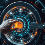 Conceptual metaphor, photorealistic, a futuristic secure vault with intricate, glowing digital locks and mechanisms, representing the protection of goods from loss and damage. A professional hand, focused and determined, is shown inserting a key into the vault's digital lock, symbolizing confidence in securing valuable cargo. Holographic interfaces of protective barriers and data streams ripple in the air, signifying advanced security measures. The environment is dark and minimalist, emphasizing the vault and the hand. Lighting is cinematic, featuring deep shadows contrasted by soft glows from the digital elements surrounding the vault. Composition is dynamic, with a strong focal point on the vault and the hand, using a shallow depth of field to create an atmosphere of vigilance and assurance. Style is high-detail, intelligent, and conveys a mood of trust and security.
