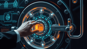 Conceptual metaphor, photorealistic, a futuristic secure vault with intricate, glowing digital locks and mechanisms, representing the protection of goods from loss and damage. A professional hand, focused and determined, is shown inserting a key into the vault's digital lock, symbolizing confidence in securing valuable cargo. Holographic interfaces of protective barriers and data streams ripple in the air, signifying advanced security measures. The environment is dark and minimalist, emphasizing the vault and the hand. Lighting is cinematic, featuring deep shadows contrasted by soft glows from the digital elements surrounding the vault. Composition is dynamic, with a strong focal point on the vault and the hand, using a shallow depth of field to create an atmosphere of vigilance and assurance. Style is high-detail, intelligent, and conveys a mood of trust and security.