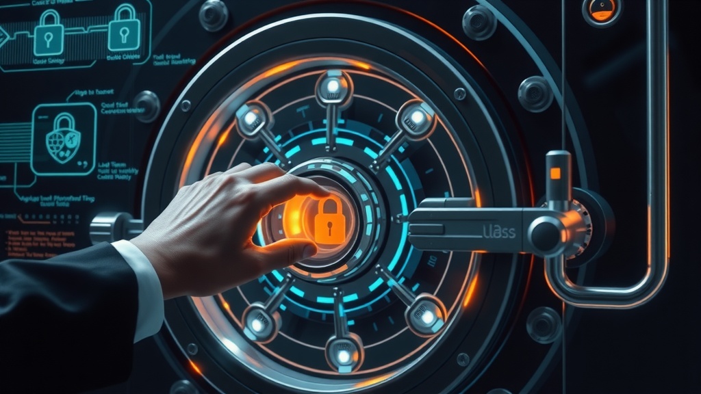 Conceptual metaphor, photorealistic, a futuristic secure vault with intricate, glowing digital locks and mechanisms, representing the protection of goods from loss and damage. A professional hand, focused and determined, is shown inserting a key into the vault's digital lock, symbolizing confidence in securing valuable cargo. Holographic interfaces of protective barriers and data streams ripple in the air, signifying advanced security measures. The environment is dark and minimalist, emphasizing the vault and the hand. Lighting is cinematic, featuring deep shadows contrasted by soft glows from the digital elements surrounding the vault. Composition is dynamic, with a strong focal point on the vault and the hand, using a shallow depth of field to create an atmosphere of vigilance and assurance. Style is high-detail, intelligent, and conveys a mood of trust and security.