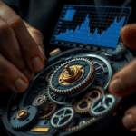 Conceptual metaphor, photorealistic, a master watchmaker's hands meticulously assembling a complex clockwork mechanism where gears resemble digital data streams in a fusion of technology and craftsmanship. Holographic overlays display analytical charts and data points floating above the gears, visually representing precision and control in logistics management. The environment is dark and minimalist, allowing the intricate clockwork and holographic elements to stand out dramatically. Lighting is cinematic, featuring high contrast with deeper shadows and soft glows emanating from the digital components, enhancing the mood of intelligence and strategic oversight. Composition focuses on a close-up of the hands and mechanism with a shallow depth of field, creating an intimate and engaging visual narrative that conveys the essence of complete control over logistics.