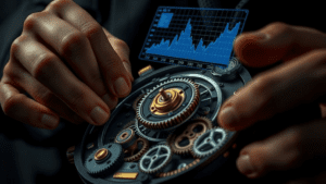 Conceptual metaphor, photorealistic, a master watchmaker's hands meticulously assembling a complex clockwork mechanism where gears resemble digital data streams in a fusion of technology and craftsmanship. Holographic overlays display analytical charts and data points floating above the gears, visually representing precision and control in logistics management. The environment is dark and minimalist, allowing the intricate clockwork and holographic elements to stand out dramatically. Lighting is cinematic, featuring high contrast with deeper shadows and soft glows emanating from the digital components, enhancing the mood of intelligence and strategic oversight. Composition focuses on a close-up of the hands and mechanism with a shallow depth of field, creating an intimate and engaging visual narrative that conveys the essence of complete control over logistics.