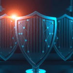 Cinematic close-up, photorealistic depiction of a strong, protective barrier formed by interlocking shields made of gleaming steel, symbolizing security for valuable cargo. The shields are illuminated with a vibrant electric cyan glow, showcasing a network of interconnected lines representing insurance policies and risk management strategies. The environment is minimalist, featuring a dark background that highlights the shields, giving a sense of depth and importance to the protective metaphor. The lighting is dramatic, casting deep shadows with soft glows emanating from the steel shields, enhancing their formidable presence. Composition is focused on the shields with a shallow depth of field, emphasizing their significance in safeguarding cargo. Style is highly detailed and conveys a mood of assurance, strength, and control over potential risks.