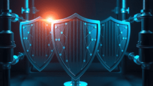 Cinematic close-up, photorealistic depiction of a strong, protective barrier formed by interlocking shields made of gleaming steel, symbolizing security for valuable cargo. The shields are illuminated with a vibrant electric cyan glow, showcasing a network of interconnected lines representing insurance policies and risk management strategies. The environment is minimalist, featuring a dark background that highlights the shields, giving a sense of depth and importance to the protective metaphor. The lighting is dramatic, casting deep shadows with soft glows emanating from the steel shields, enhancing their formidable presence. Composition is focused on the shields with a shallow depth of field, emphasizing their significance in safeguarding cargo. Style is highly detailed and conveys a mood of assurance, strength, and control over potential risks.