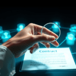 Cinematic close-up, photorealistic depiction of a poised, professional hand holding a magnifying glass over a high-tech digital contract that glows with electric cyan light, symbolizing a thorough examination of crucial logistics agreements. Surrounding the hand are semi-transparent holographic icons representing 15 key aspects of successful collaboration, such as communication, reliability, and scalability, each linked by flowing data streams. The environment is minimalist and dark, enhancing the focus on the contract and the thoughtful hand. Lighting is cinematic with soft glows highlighting the contract and the magnifying glass, creating deep shadows for dramatic effect. Composition features a shallow depth of field, emphasizing the hand and contract as the central focal point. Style is sleek, high-detail, and evokes a mood of strategic insight and professional diligence.