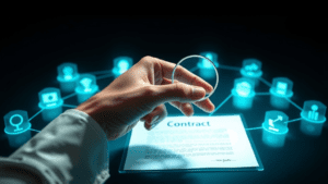 Cinematic close-up, photorealistic depiction of a poised, professional hand holding a magnifying glass over a high-tech digital contract that glows with electric cyan light, symbolizing a thorough examination of crucial logistics agreements. Surrounding the hand are semi-transparent holographic icons representing 15 key aspects of successful collaboration, such as communication, reliability, and scalability, each linked by flowing data streams. The environment is minimalist and dark, enhancing the focus on the contract and the thoughtful hand. Lighting is cinematic with soft glows highlighting the contract and the magnifying glass, creating deep shadows for dramatic effect. Composition features a shallow depth of field, emphasizing the hand and contract as the central focal point. Style is sleek, high-detail, and evokes a mood of strategic insight and professional diligence.