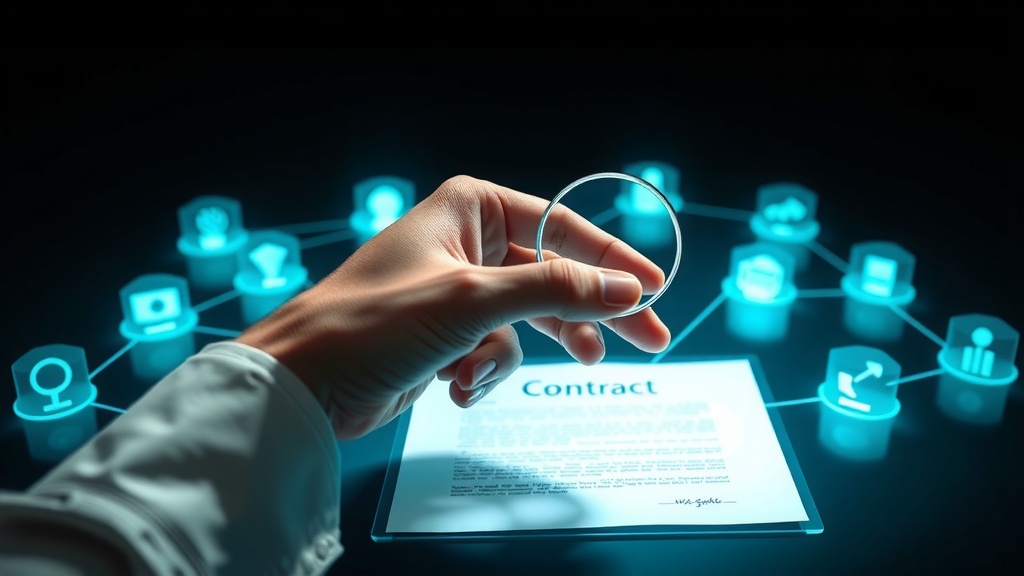 Cinematic close-up, photorealistic depiction of a poised, professional hand holding a magnifying glass over a high-tech digital contract that glows with electric cyan light, symbolizing a thorough examination of crucial logistics agreements. Surrounding the hand are semi-transparent holographic icons representing 15 key aspects of successful collaboration, such as communication, reliability, and scalability, each linked by flowing data streams. The environment is minimalist and dark, enhancing the focus on the contract and the thoughtful hand. Lighting is cinematic with soft glows highlighting the contract and the magnifying glass, creating deep shadows for dramatic effect. Composition features a shallow depth of field, emphasizing the hand and contract as the central focal point. Style is sleek, high-detail, and evokes a mood of strategic insight and professional diligence.